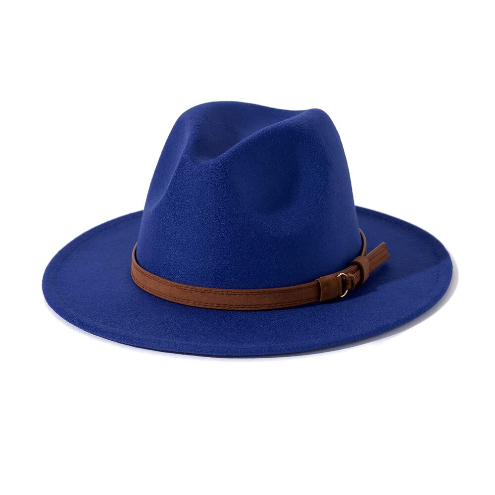 6878 & Vintage Wide Brim Fedora Hat with Belt Buckle A-Royal Blue 59-60cm